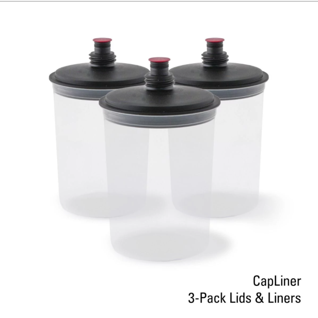 Titan Capliner 3-pack lid, liner, and plug set for HVLP sprayers, showing the various spray caps and components.