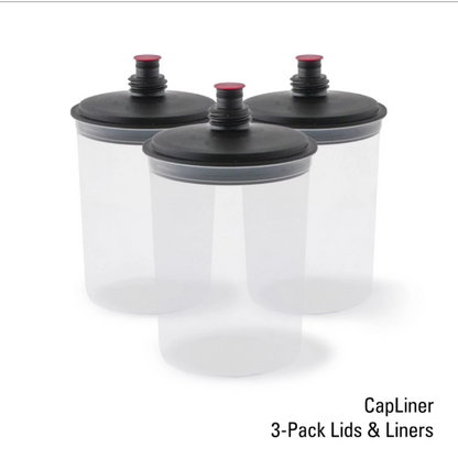 Titan Capliner 3-pack lid, liner, and plug set for HVLP sprayers, showing the various spray caps and components.