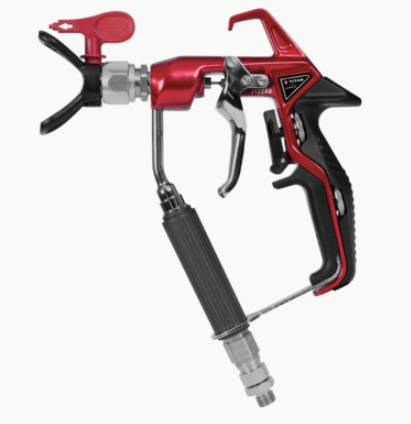 Titan Apex Gun airless spray gun for painting, shown in a detailed close-up with trigger and nozzle visible.