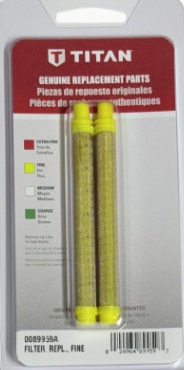 Titan RX Series Yellow 100 Mesh filters and coalescers, 2-pack, for air filtration systems, with detailed mesh structure visible.