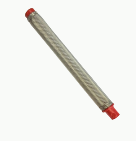Red Titan unthreaded filter with 150 mesh for filtering and coalescing in industrial applications.