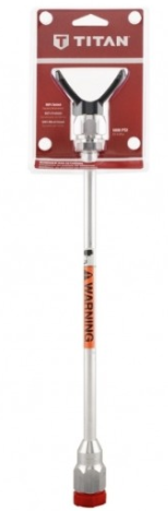 Titan airless spray tip extension, 10-inch packaged tip for even spray application, shown in the product image.
