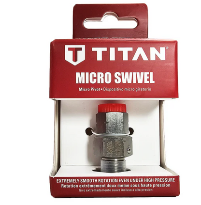 Titan 1/4 inch micro swivel for roller poles, spray tips, and wand extensions, showing a compact, rotating connector for painting tools.