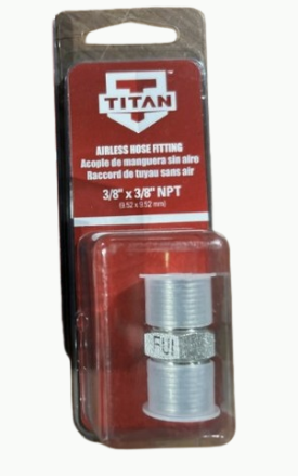 Titan 3/8-inch union for sprayer accessory, rated for 5000 psi, shown in a packaged image for high-pressure spray systems.