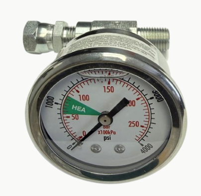 Titan HEA pressure gauge for sprayer accessories, showing dial with measurement markings in a clear, close-up view.