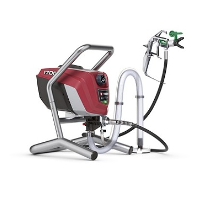 Titan Controlmax 1700 airless sprayer skid with spray gun and hoses, used for professional painting and coating projects.