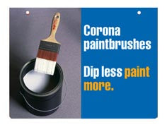 Corona Brush Dip Less Hanging Sign paint brushes display with the brand name on a hanging sign, showcasing their design and branding.