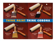 Hanging display of Corona Brush paint brushes in various sizes, showcased on a neutral background.