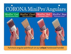 Hanging display of Corona Brush Minipro paint brushes showing various small-sized paintbrushes for detailed painting tasks