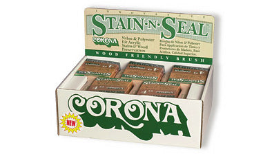 Corona Brush Stain-n-seal Display 911 paint brushes on display with various brush sizes for staining and sealing projects.