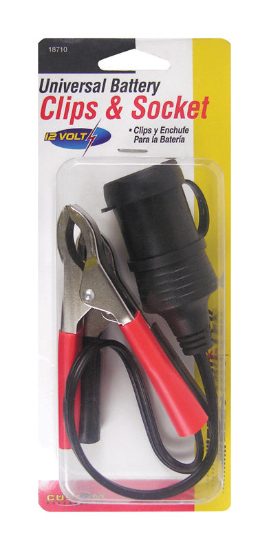 Emery Jensen 12V battery socket clip for inverter, fan, and light applications, shown connected to a 12V power source.