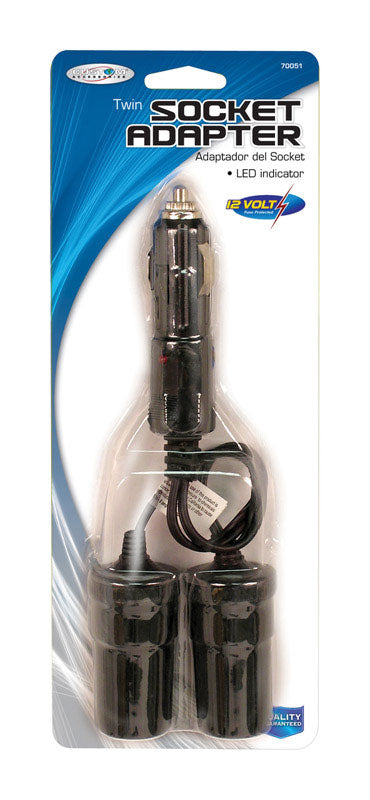 Emery Jensen Plug Light Lighter Twin with 12V inverter, fan, and light for vehicle use, featuring dual plug outlets and compact design.