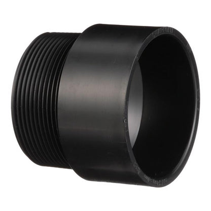 Emery Jensen ABS DWV fitting adapter, 4-inch hub X male pipe thread, used for drain, waste, and vent plumbing connections.