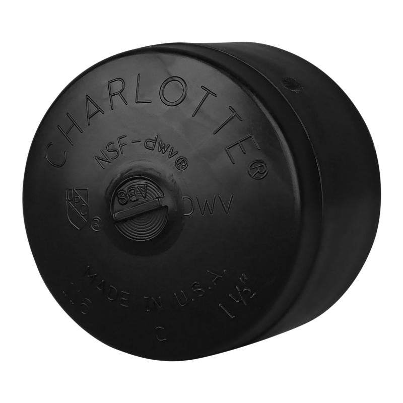 ABS DWV fitting cap in 1.5-inch size from Emery Jensen, used for plumbing drain, waste, and vent systems.