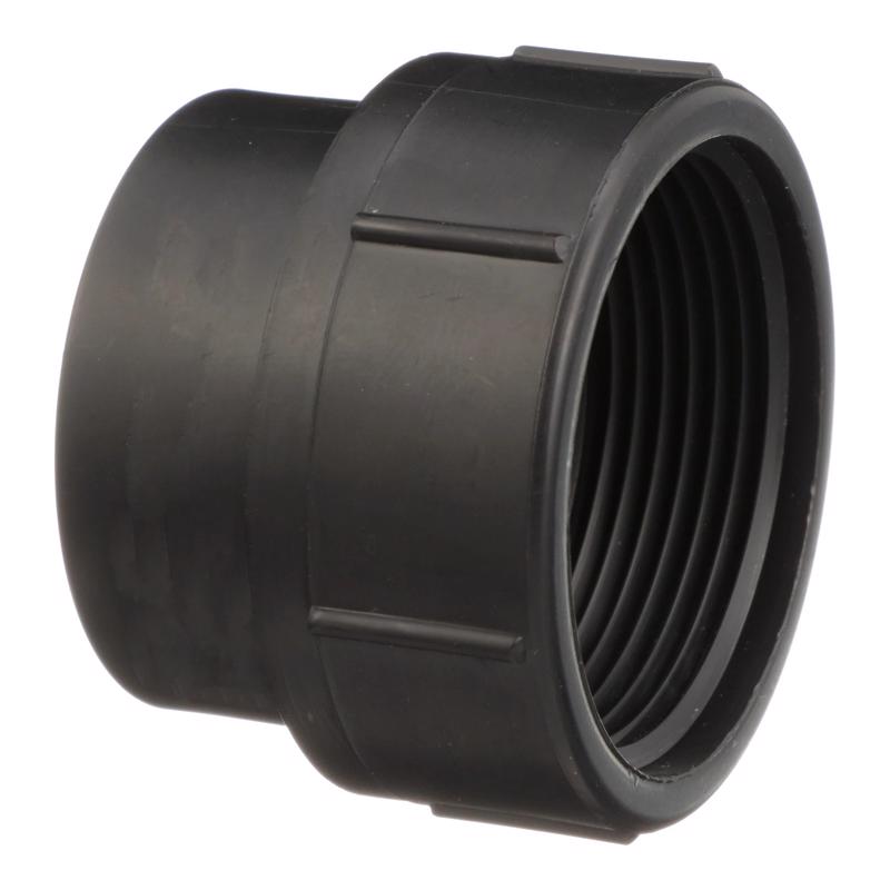 Emery Jensen cleanout ABS DWV fitting with 1.5-inch spigot and FPT connection, used for plumbing drain, waste, and vent systems.