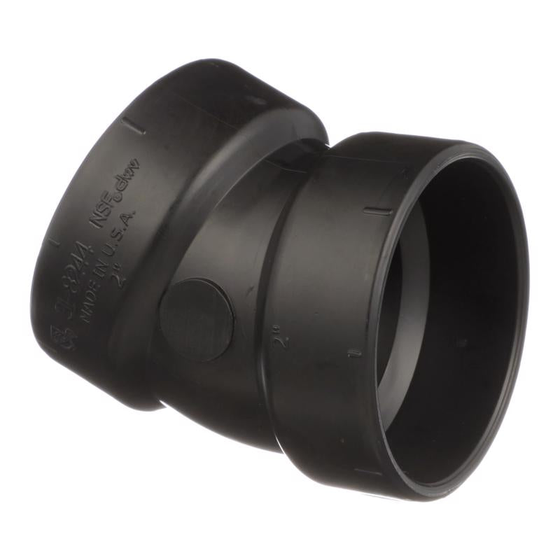 Emery Jensen 2-inch ABS DWV elbow fitting, 22-degree angle, for durable drain, waste, and vent pipe installation.