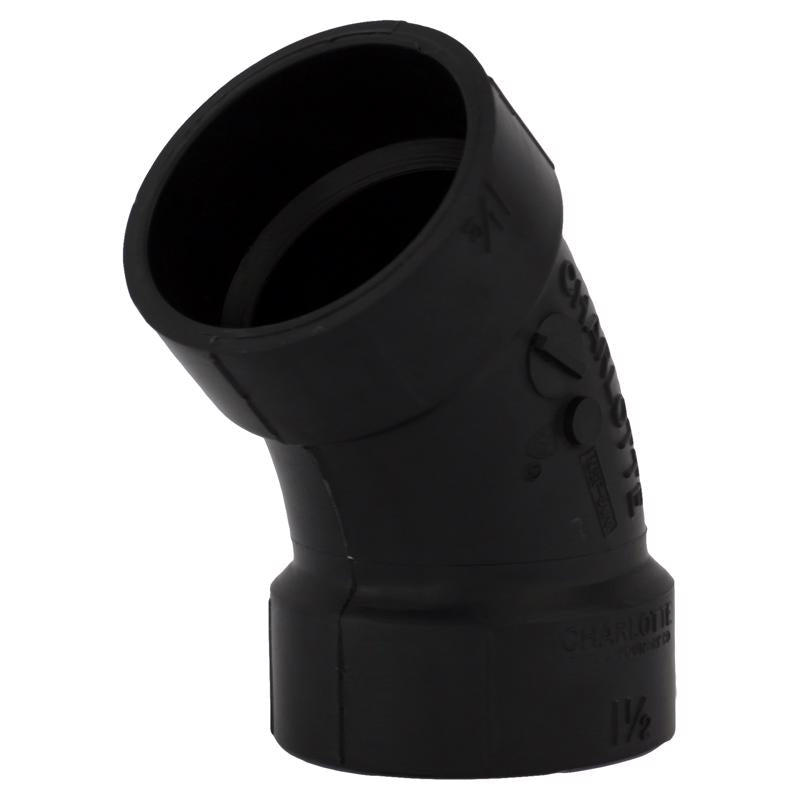 Emery Jensen 45-degree ABS DWV elbow fitting, 1.5-inch size, used for drain, waste, and vent pipe connections.