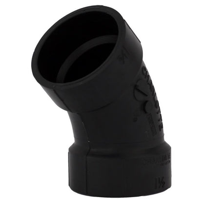 Emery Jensen 45-degree ABS DWV elbow fitting, 1.5-inch size, used for drain, waste, and vent pipe connections.