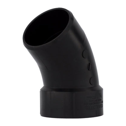 Emery Jensen 45-degree ABS DWV elbow fitting with spigot connection, used for plumbing drain, waste, and vent systems.