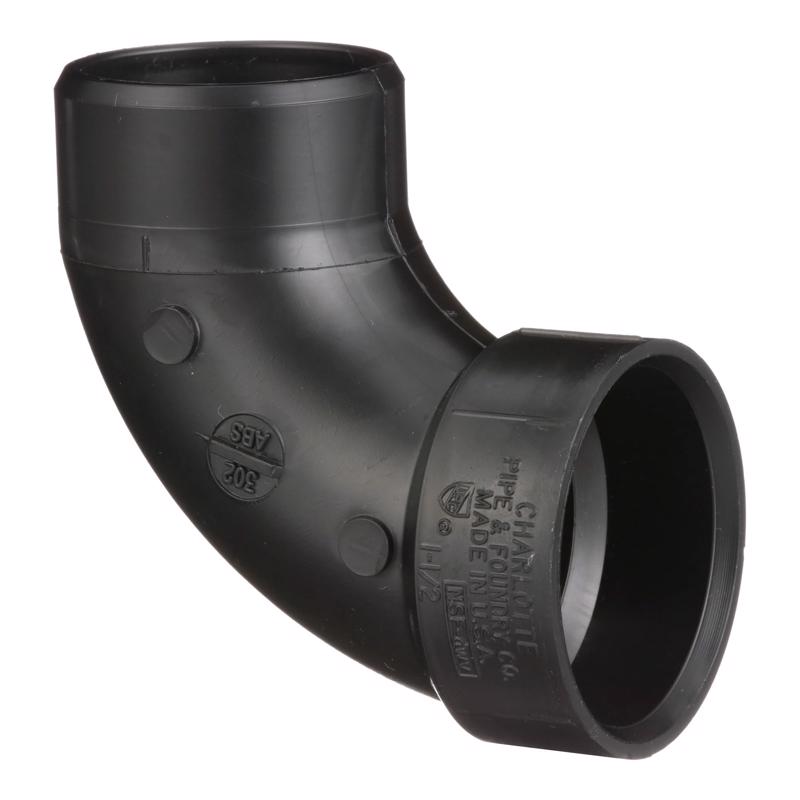 Emery Jensen 1.5-inch ABS DWV elbow fitting with 90-degree angle and hub spigot connection for drainage systems.