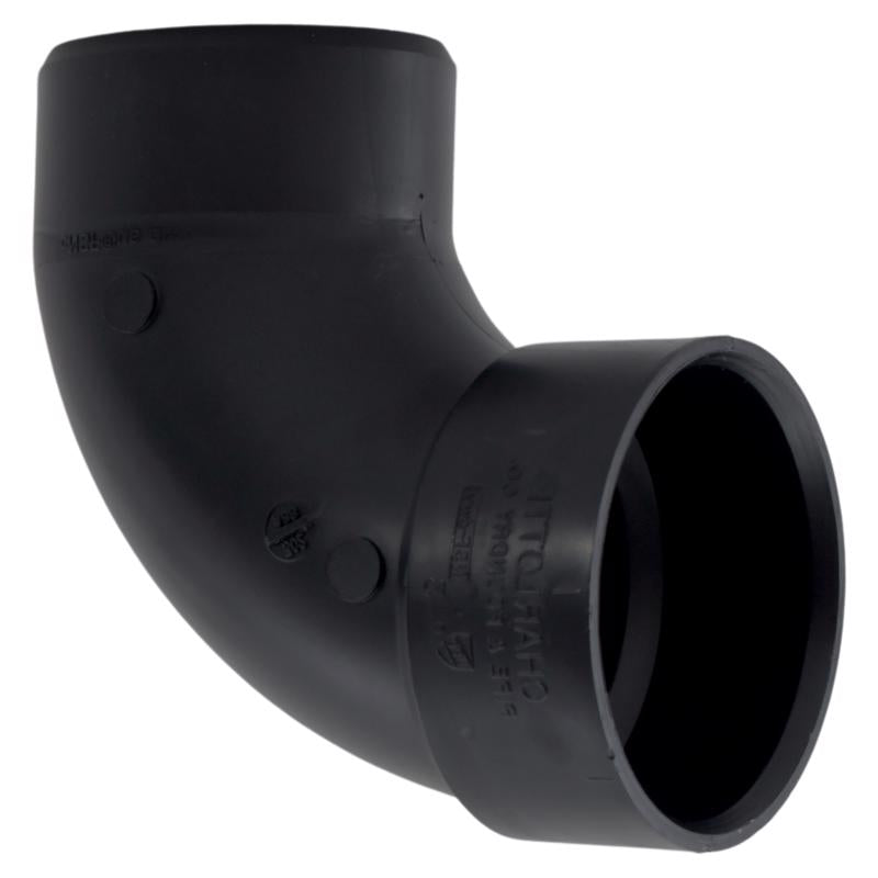 Emery Jensen 90-degree ABS DWV elbow fitting with spigot connection, used for drainage and vent piping systems.