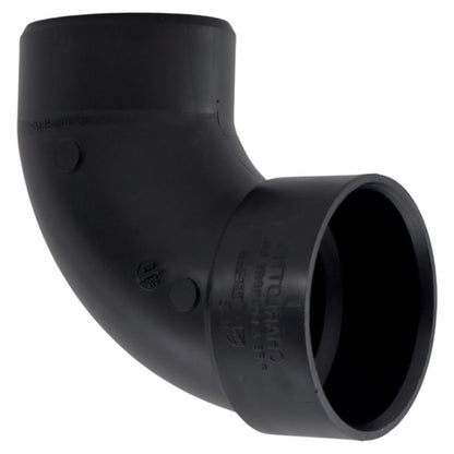 Emery Jensen 90-degree ABS DWV elbow fitting with spigot connection, used for drainage and vent piping systems.