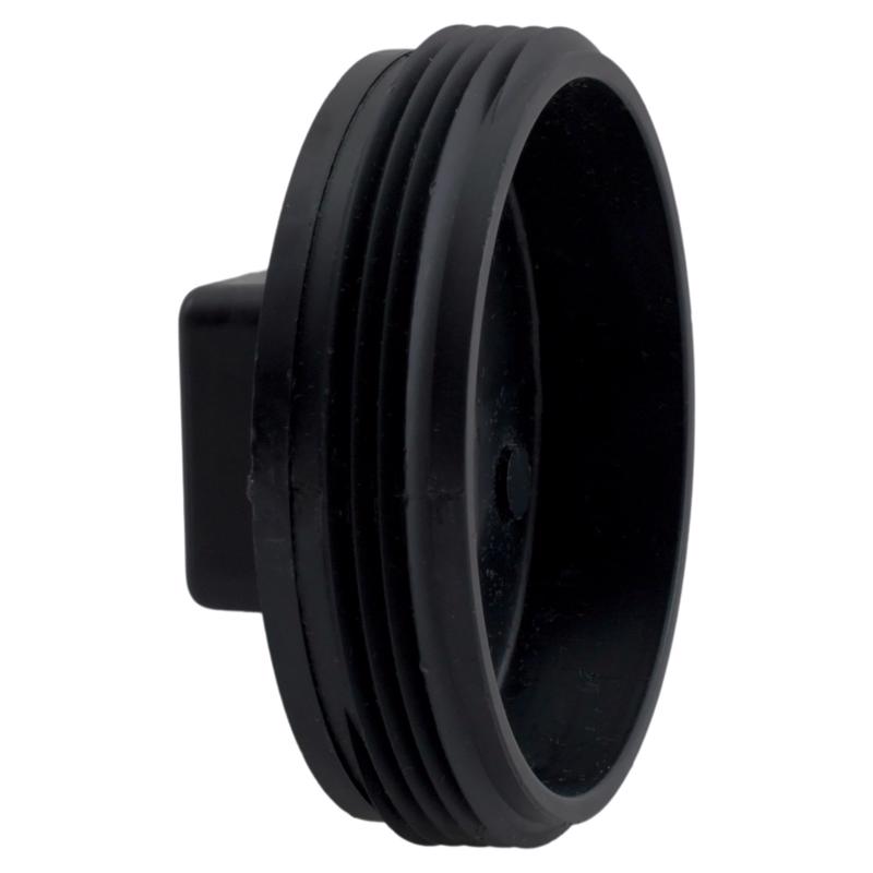 Universal 3-inch ABS DWV plug clean out fitting by Emery Jensen, showing the sturdy plastic fitting with threaded opening.