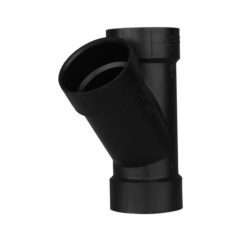 Emery Jensen Y 45 ABS DWV fitting, 3-inch diameter, used for drain, waste, and vent piping connections in plumbing systems.
