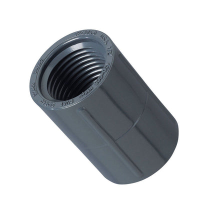 PVC coupling 1/2 inch FNPT by Emery Jensen, plumbing accessory for connecting pipes in irrigation and plumbing systems.