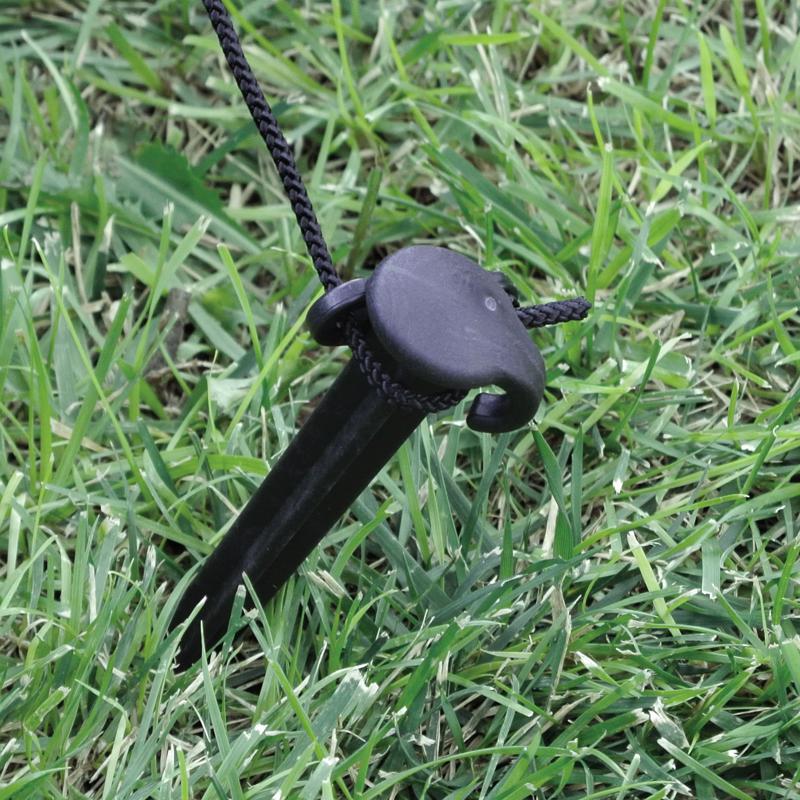 Set of 100 Emery Jensen 7-inch tie down stakes for securing tarps, tents, or outdoor coverings. Durable metal stakes with pointed tips.