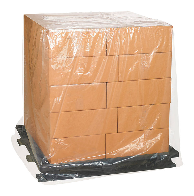 Clear pallet cover from Emery Jensen ACE Store Accessories, protective plastic cover for pallets in warehouse or storage use.