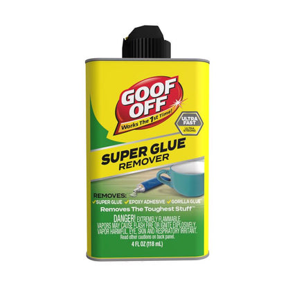 Emery Jensen Super Glue Remover 4oz bottle, adhesive remover for dissolving super glue and sticky residues.