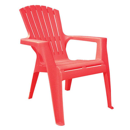 Red kid's Adirondack chair by Emery Jensen, featuring a sturdy wooden design perfect for outdoor play and relaxation.