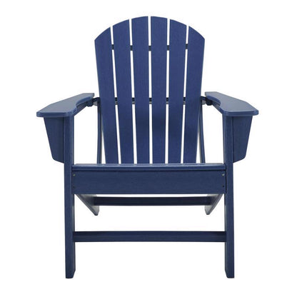 Blue Emery Jensen Ashly Adirondack Chair with wide armrests and slatted back for outdoor relaxation.