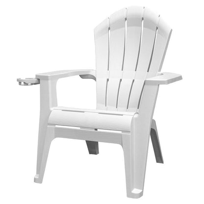 White Adirondack chair by Emery Jensen, outdoor wooden seating with wide armrests, ideal for patio relaxation.