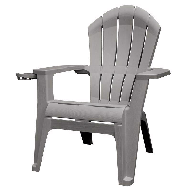 Gray Emery Jensen Adirondack chair, outdoor wooden lounge chair with wide armrests and slatted back for relaxing outdoors.