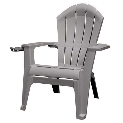 Gray Emery Jensen Adirondack chair, outdoor wooden lounge chair with wide armrests and slatted back for relaxing outdoors.