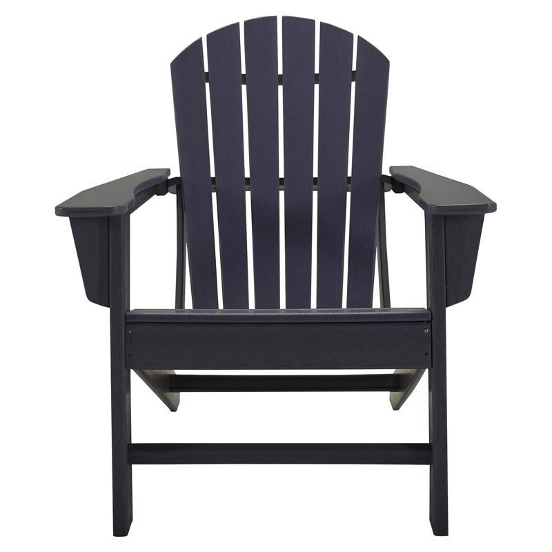 Black Adirondack chair by Emery Jensen, featuring a comfortable, wide armrest design perfect for outdoor relaxation.