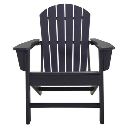 Black Adirondack chair by Emery Jensen, featuring a comfortable, wide armrest design perfect for outdoor relaxation.