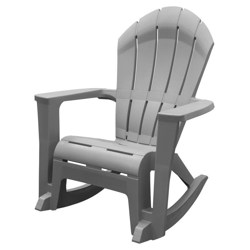 Gray Emery Jensen Adirondack rocker chair with wide armrests and a comfortable sloped back, designed for outdoor relaxation.