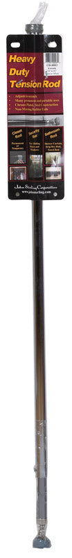 Emery Jensen adjustable tension rod in chrome, extends from 34 to 63 inches, used for hanging curtains or lightweight items.