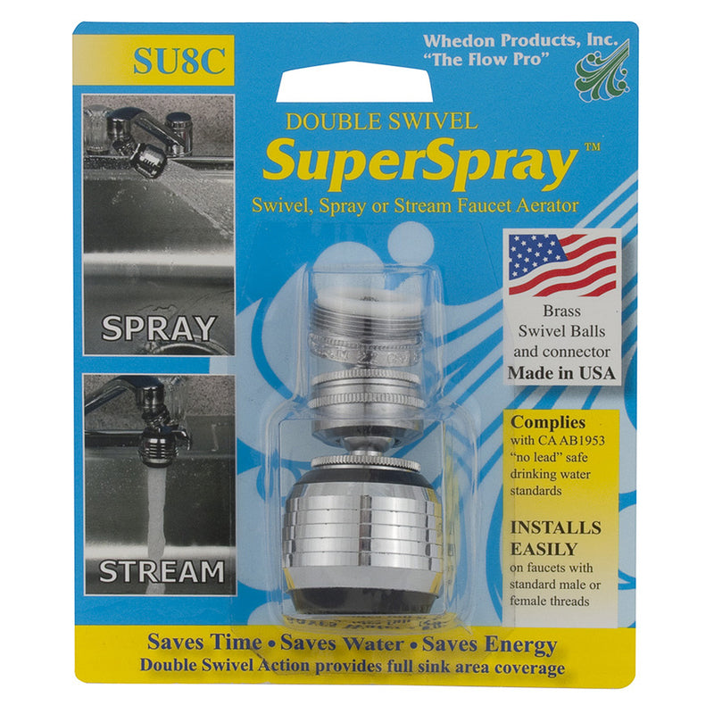 Emery Jensen Double Swivel Superspray aerator and adapter showing a shiny metal fitting with swivel joint for faucets.