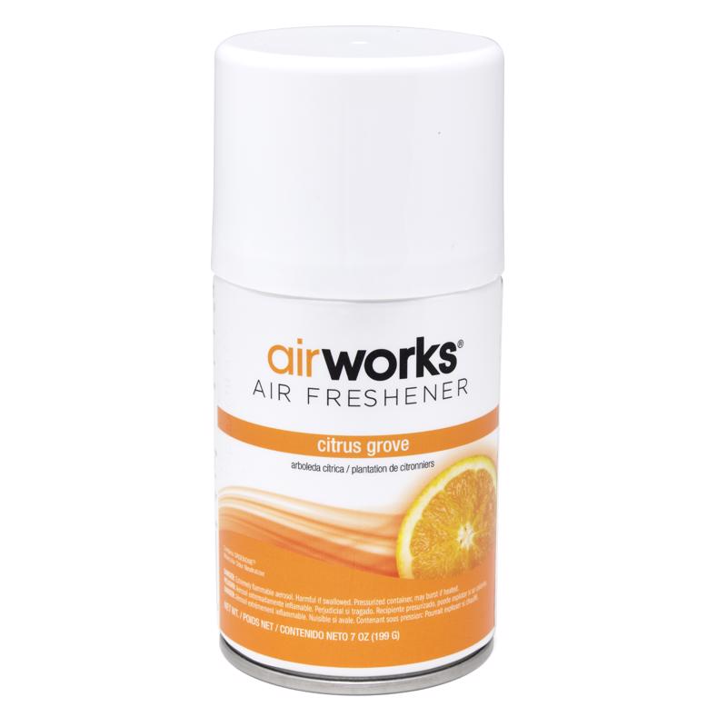 Pack of 12 Emery Jensen citrus aerosol air fresheners in 7oz cans, ideal for freshening indoor spaces naturally.