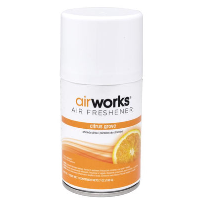 Pack of 12 Emery Jensen citrus aerosol air fresheners in 7oz cans, ideal for freshening indoor spaces naturally.