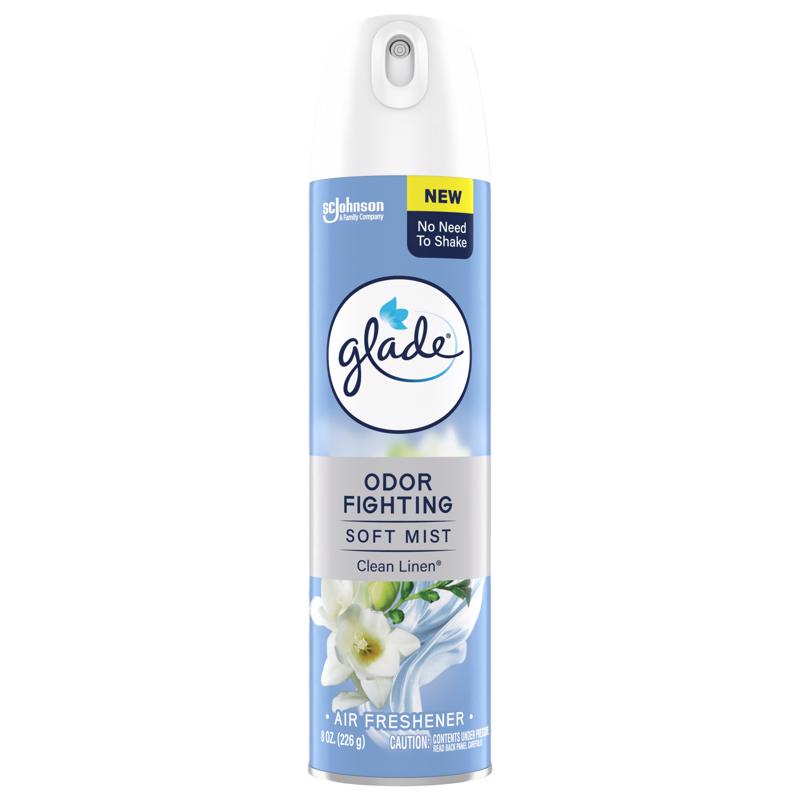 Six Emery Jensen aerosol air fresheners in 8oz bottles with fresh linen scent, designed for quick and effective room odor neutralization.