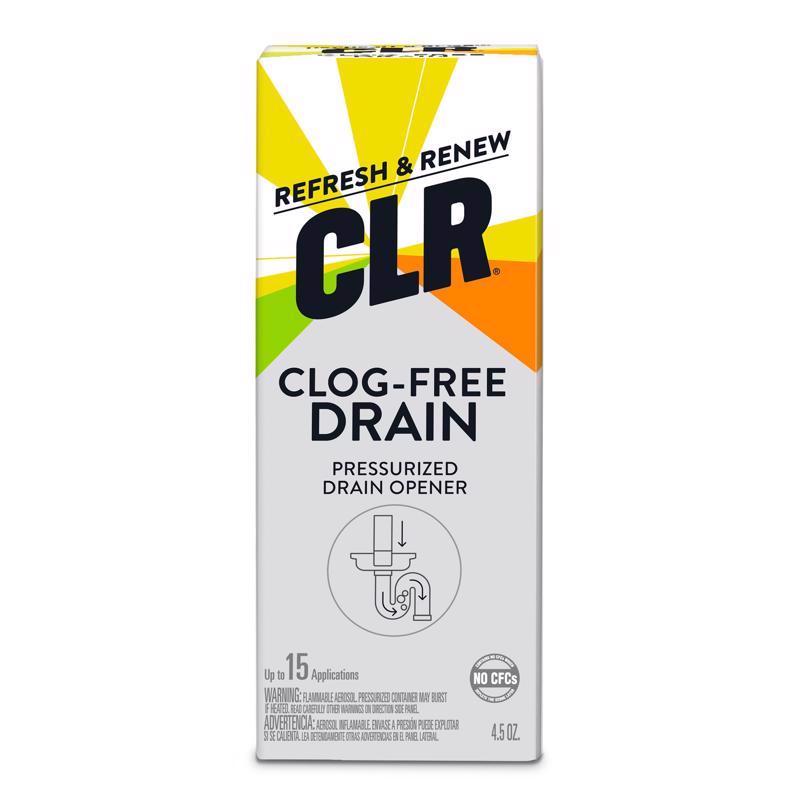 Emery Jensen CLR CLOGFREE Drain Cleaner aerosol can, 4.5oz, used for clearing clogged drains with liquid drain cleaning solution.