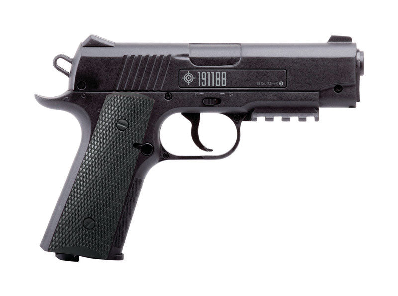 Emery Jensen CO2 Air Pistol 1911BB, realistic black air gun with textured grip and metal slide, designed for target practice.