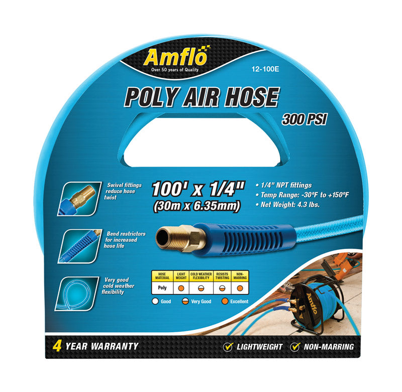 Emery Jensen 1/4 inch x 100-foot poly air hose for compressor use, black flexible hose with brass fittings visible.