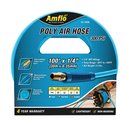 Emery Jensen 1/4 inch x 100-foot poly air hose for compressor use, black flexible hose with brass fittings visible.