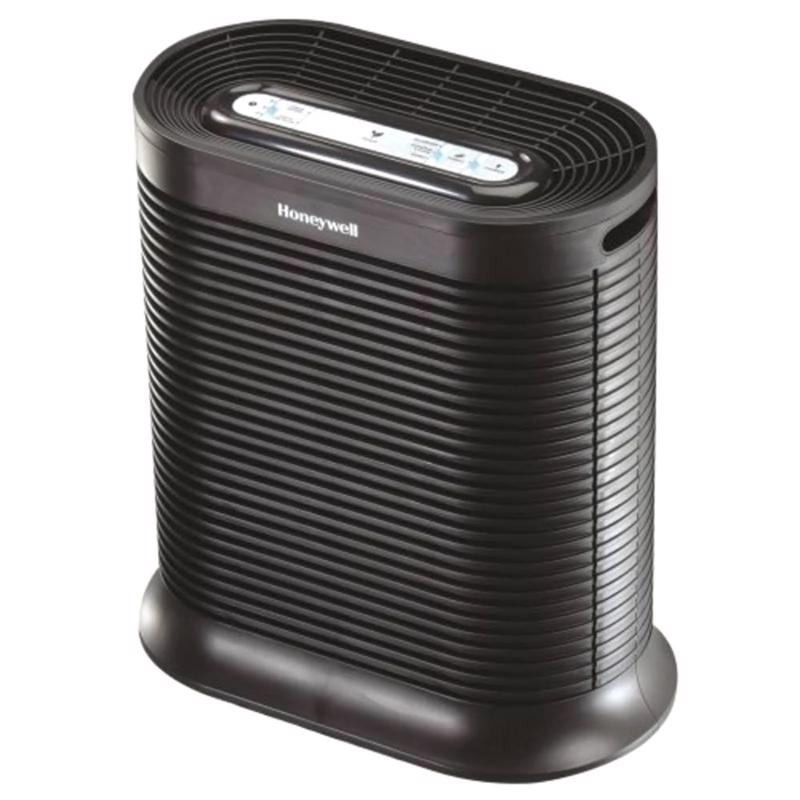 Emery Jensen air purifier with HEPA filter, designed for 310 sq ft spaces, featuring a sleek white design and control panel.